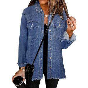 🆕Women's Oversized Jean Jacket Long Sleeve Distressed Frayed Hem Nightfall Blue